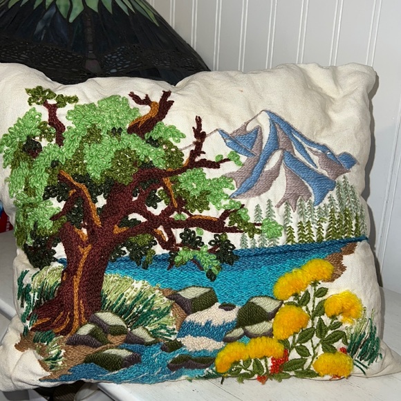 Vintage Mid Century embroidered pillow mountain tree forest 15” x 12” - Picture 1 of 8